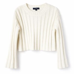 Neutral Cream Ribbed Sweater Bell Sleeve Minimalist Cozy Top